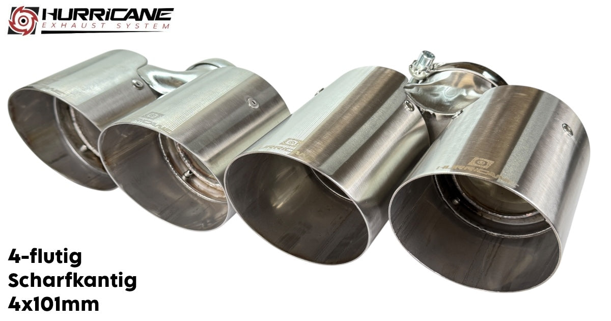 Čtyřnásobné koncovky výfuku Hurricane 4× Ø 101 mm, broušená nerez, ostrá hrana