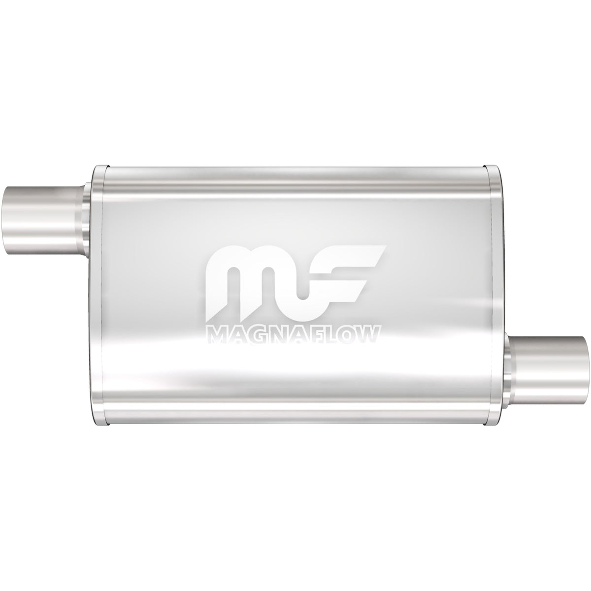 Tlumič výfuku MagnaFlow oválný 4 × 9 × 18″ (102 × 229 × 457 mm), průchozí, přesazený vstup i výstup