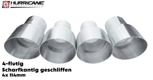 Čtyřnásobné koncovky výfuku Hurricane 4× Ø 114 mm, broušená nerez, ostrá hrana