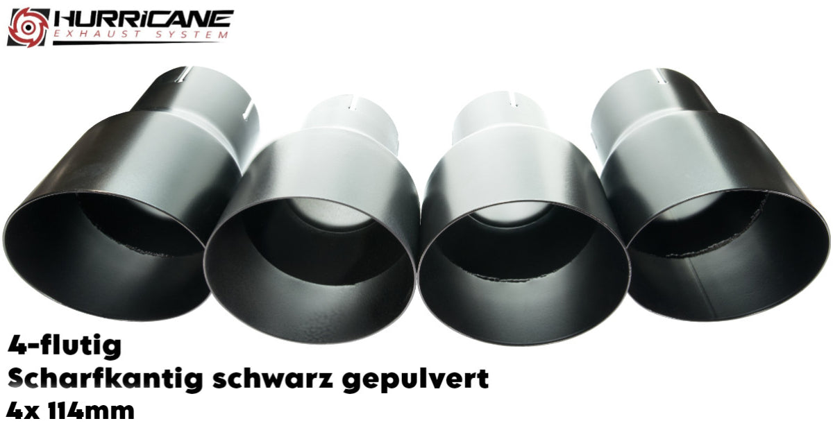 Čtyřnásobné koncovky výfuku Hurricane 4× Ø 114 mm, černá prášková barva, ostrá hrana