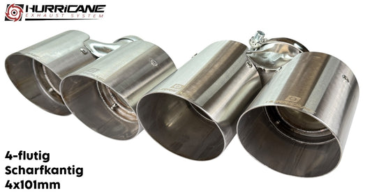Čtyřnásobné koncovky výfuku Hurricane 4× Ø 101 mm, broušená nerez, ostrá hrana