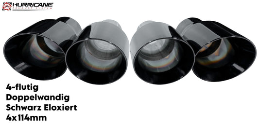 Čtyřnásobné koncovky výfuku Hurricane 4× Ø 114 mm, černě eloxovaná, dvojitá stěna