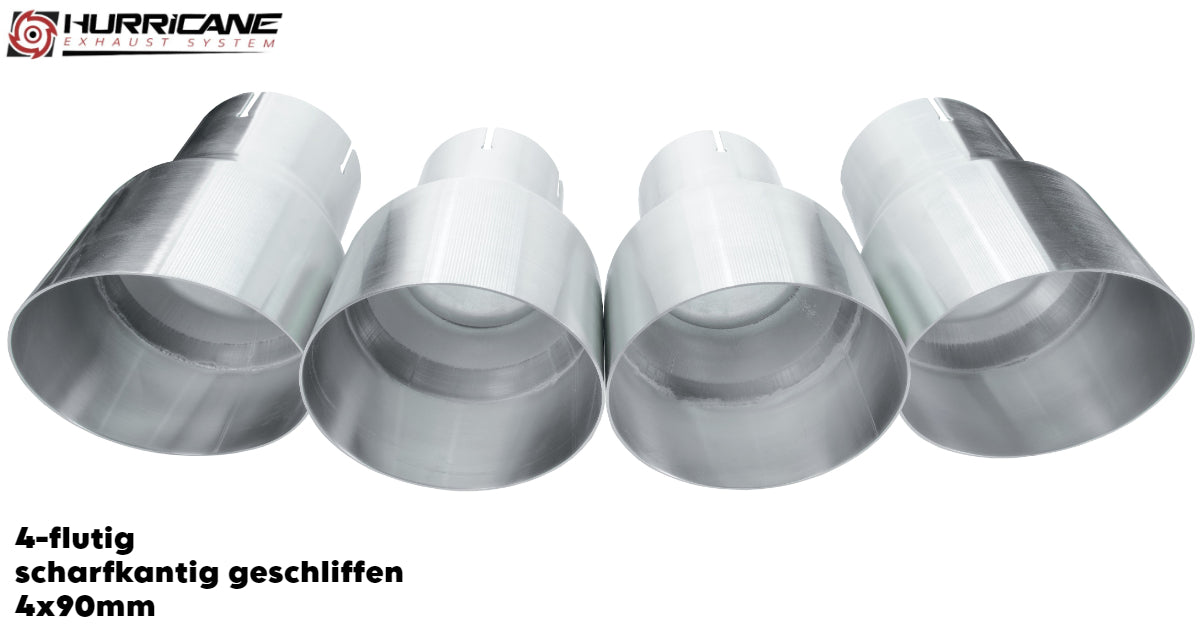Čtyřnásobné koncovky výfuku Hurricane 4× Ø 90 mm, broušená nerez, ostrá hrana