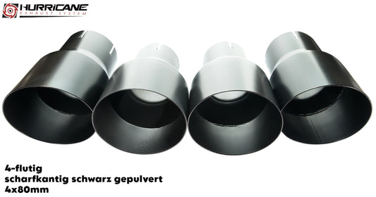 Čtyřnásobné koncovky výfuku Hurricane 4× Ø 80 mm, černá prášková barva, ostrá hrana