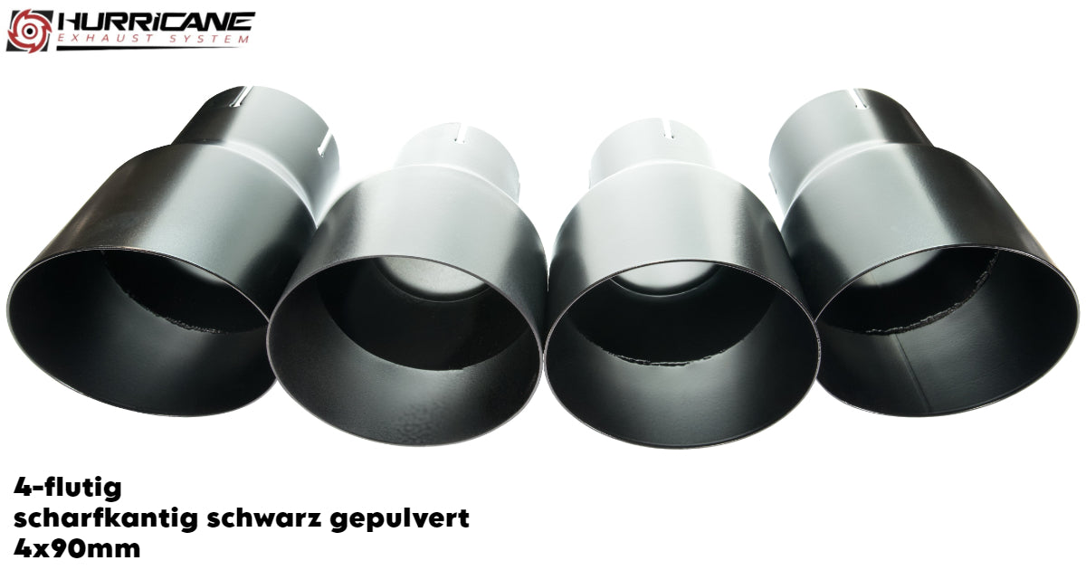 Čtyřnásobné koncovky výfuku Hurricane 4× Ø 90 mm, černá prášková barva, ostrá hrana
