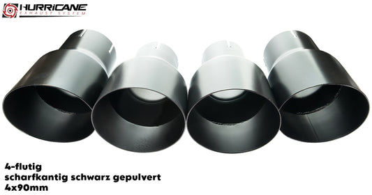Čtyřnásobné koncovky výfuku Hurricane 4× Ø 90 mm, černá prášková barva, ostrá hrana