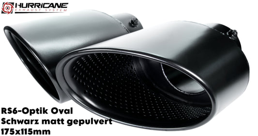 Oválné koncovky ve stylu RS6 výfuku Hurricane 175 × 115 mm, černá matná prášková barva